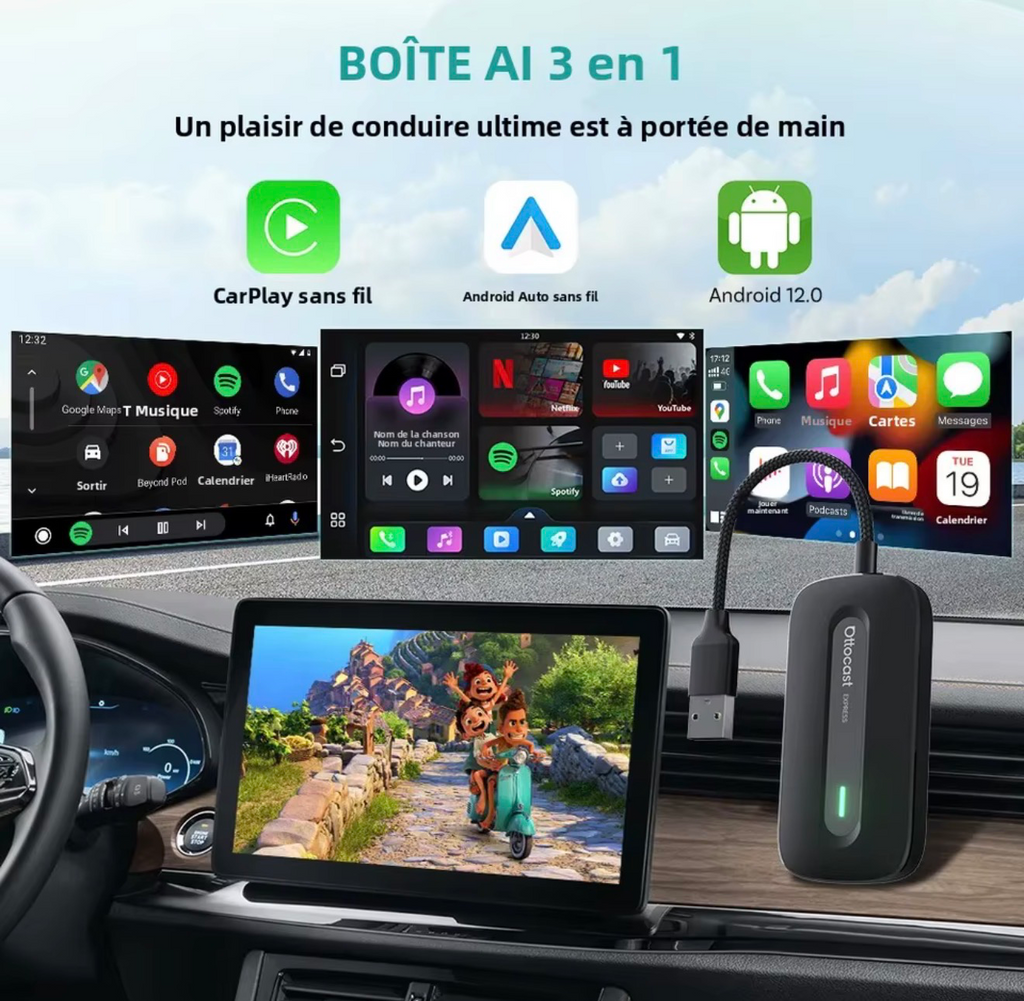 Boîtier CarPlay sans fil 3-en-1 | YouTube, Netflix, IPTV & Android Auto